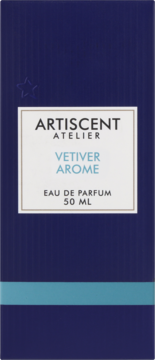 Woda perfumowana męska Artiscent Atelier Vetiver Arome 50ml w granatowym pudełku z białą etykietą, widok z przodu.