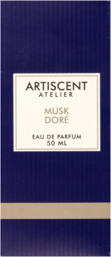 Granatowe pudełko perfum Artiscent Atelier Musk Dore Eau de Parfum 50ml, widok z przodu, złote napisy.