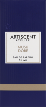 Artiscent Atelier Musk Dore woda perfumowana 50 ml, pionowe granatowe pudełko z beżowym pasem i białym napisem.