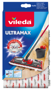 Niebieskie opakowanie Vileda Ultramax 2w1 Microfibre mopa, widok z przodu. Pokazuje czerwoną rączkę i wiadro.