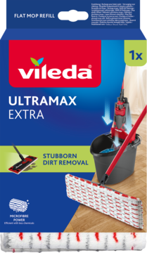 Vileda Ultramax Extra wkład do mopa płaskiego. Niebiesko-czerwone opakowanie z widoczną białą nakładką microfibrową.