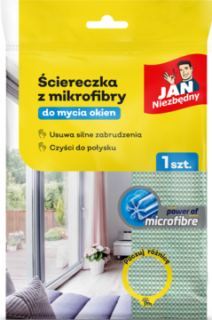 Jan Niezbędny ściereczka z mikrofibry do mycia okien w żółto-niebieskim opakowaniu, częściowo widoczna z tłem okna.