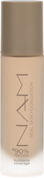 Podkład NAM Real Skin Foundation, beżowa butelka z logo NAM i napisem "+90% natural", widok z przodu.