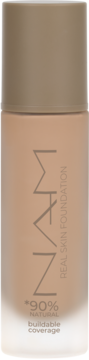 Beżowy podkład NAM Real Skin Foundation 05W Warm Beige, cylindryczna butelka z brązową nakrętką, widok z przodu.