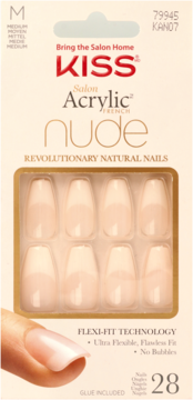 KISS Salon Acrylic French Nude press-on nails box, natural pink with white French tips, 8 visible. Front.