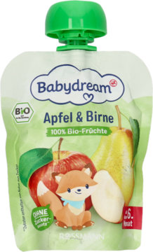 Babydream przecier jabłkowo-gruszkowy w zielono-białej saszetce, 100% bio-owoców, bez cukru, z przodu.
