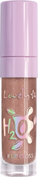 Błyszczyk Lovely H2O Lipgloss, brązowo-różowy z brokatem, fioletowa zakrętka, pionowy widok z przodu.