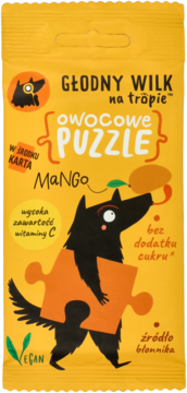 Front żółtego opakowania Głodny Wilk Owocowe Puzzle Mango, żelki z witaminą C, bez dodatku cukru.