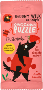 Różowe opakowanie żelków Głodny Wilk Owocowe Puzzle Truskawka, z wilkiem i truskawką na froncie.
