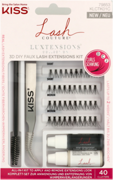 Zestaw KISS Lash Couture LUXTENSIONS 3D DIY do przedłużania rzęs: 40 kępek, pęseta, klej, remover. Widok z przodu.