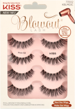 Zestaw sztucznych rzęs KISS Blowout Lash Pixie 02 (4 pary) z klejem, w biało-różowym opakowaniu, widok z przodu.