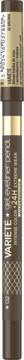 Pionowy widok brązowej żelowej kredki VARIÉTÉ. Intensywnie napigmentowany eyeliner z złotymi napisami.