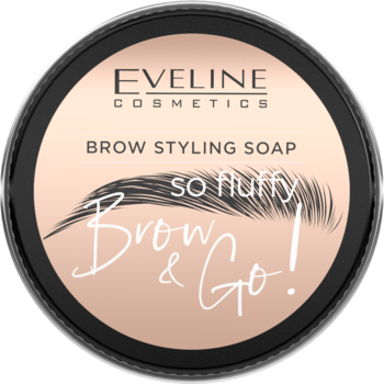 Eveline Brow Styling Soap w czarnym, okrągłym opakowaniu z jasnoróżową etykietą i grafiką brwi, widok z góry.