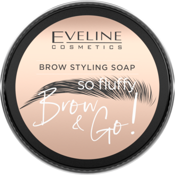 Eveline Brow Styling Soap w czarnym, okrągłym opakowaniu z jasnoróżową etykietą i grafiką brwi, widok z góry.