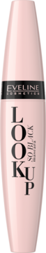 Różowy tusz do rzęs Eveline Cosmetics Look Up So Black w cylindrycznej tubce, z czarną bandą, widok z przodu.