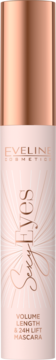Tusz do rzęs Eveline Sexy Eyes w różowo-złotej tubie, widok z przodu, z napisem VOLUME LENGTH & 24H LIFT.