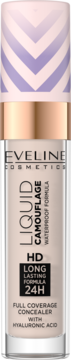 Beżowy korektor Eveline Cosmetics Liquid Camouflage HD 24H z kwasem hialuronowym, butelka z różowo-złotą zakrętką.