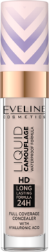 Eveline Cosmetics Liquid Camouflage, beżowy korektor wodoodporny z HA, butelka z różowo-złotą nakrętką w chevron.