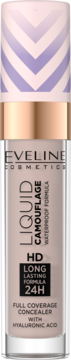 Eveline Liquid Camouflage HD Full Coverage Concealer w jasnobeżowej butelce z rose gold nakrętką i wzorem.