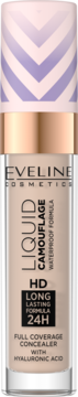 Eveline Liquid Camouflage HD, beżowy korektor pełnokryjący, wodoodporny, z kwasem hialuronowym, widok z przodu.