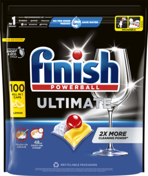 Finish Ultimate All in 1 Lemon 100 kapsułek, czarno-niebieskie opakowanie z czerwoną kulką i kieliszkiem.