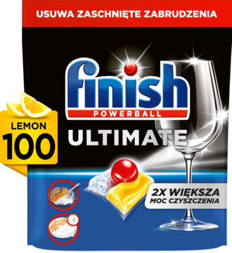 Finish Ultimate All in 1 Lemon, 100 kapsułek do zmywarki, czarne opakowanie z lśniącym kieliszkiem.