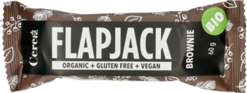 Organiczny baton Flapjack Brownie: owsiany, kakaowy, bezglutenowy i wegański 40g, widok z przodu.