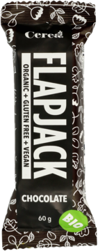 Cereal Flapjack czekoladowy baton 60g, organiczny, bezglutenowy, wegański, w ciemnym opakowaniu z wzorem.