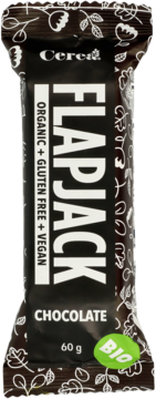 Cereal Flapjack czekoladowy baton 60g, organiczny, bezglutenowy, wegański, w ciemnym opakowaniu z wzorem.