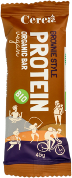Ekologiczny wegański baton proteinowy Cerealia Brownie, brązowe opakowanie z grafikami sportowców, widok z przodu.