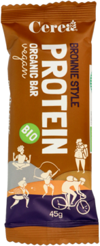 Ekologiczny wegański baton proteinowy Cerealia Brownie, brązowe opakowanie z grafikami sportowców, widok z przodu.