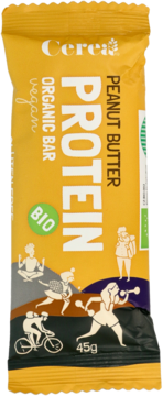 Żółty baton proteinowy Cereo Peanut Butter, 45g, z ilustracjami aktywnych ludzi, napisy BIO i Vegan.