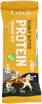 Żółty baton proteinowy Cereo Peanut Butter, 45g, z ilustracjami aktywnych ludzi, napisy BIO i Vegan.