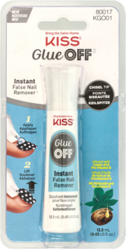 Kiss Glue OFF Instant False Nail Remover w białej butelce 15.5 ml z niebieską etykietą, widok z przodu w opakowaniu detalicznym.
