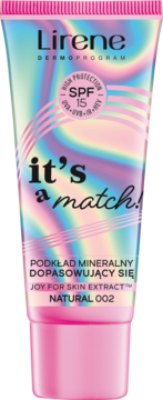 Podkład mineralny Lirene it's a match! SPF 15 w tubce z holograficznym wzorem, widok z przodu.