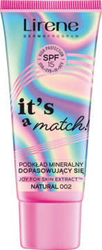 Podkład mineralny Lirene it's a match! SPF 15 w tubce z holograficznym wzorem, widok z przodu.