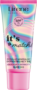 Lirene it's a match! mineralny podkład w holograficznej tubie, SPF 15, odcień Nude 003, widok z przodu.