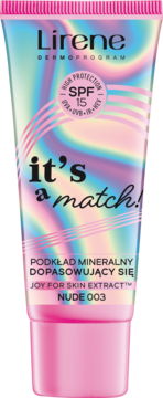 Lirene it's a match! mineralny podkład w holograficznej tubie, SPF 15, odcień Nude 003, widok z przodu.