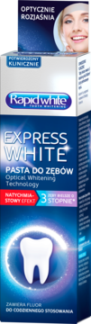 Pionowe opakowanie wybielającej pasty Rapid White Express White 75ml, niebiesko-białe, z uśmiechniętą kobietą.