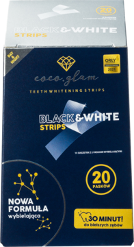 Opakowanie pasków wybielających Coco Glam Black & White Strips, granatowe z białym i złotym napisem, widok z przodu.