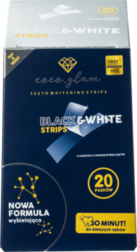 Opakowanie pasków wybielających Coco Glam Black & White Strips, granatowe z białym i złotym napisem, widok z przodu.