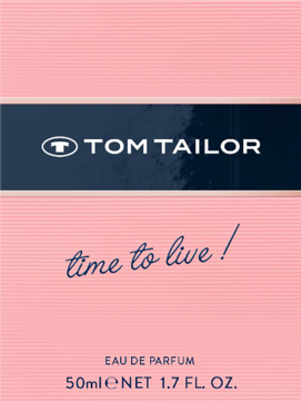 Różowe pudełko Tom Tailor Time to Live, Eau de Parfum, z ciemnym paskiem i białym logo, widok z przodu.
