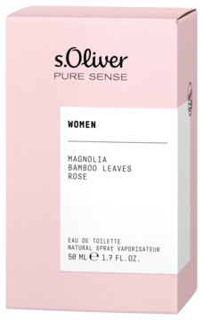 Różowe pudełko perfum s.Oliver Pure Sense dla kobiet, z nutami magnolii, bambusa i róży, widok z przodu.