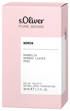 Różowe pudełko perfum s.Oliver Pure Sense dla kobiet, z nutami magnolii, bambusa i róży, widok z przodu.