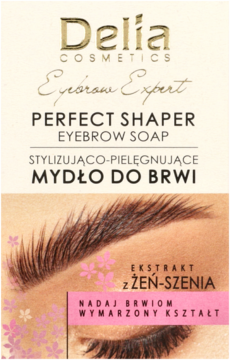 Delia Cosmetics Perfect Shaper mydło do brwi z żeń-szeniem, opakowanie z modelem brwi, przód.