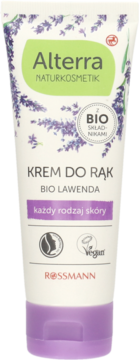 Biała tubka Alterra Kremu do Rąk Bio Lawenda dla każdego rodzaju skóry, z lawendą, widok z przodu.