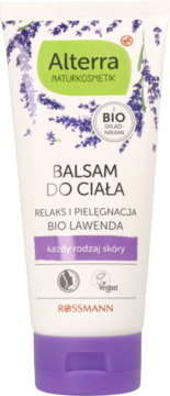 Alterra Naturkosmetik balsam do ciała z bio lawendą w białej tubce, widok z przodu, z fioletową nakrętką.