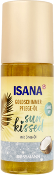 Isana Goldschimmer Pflege-Öl Sun Kissed z masłem shea, złoty olejek do ciała w butelce, widok z przodu.