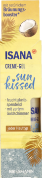 Isana Sun Kissed Creme-Gel, nawilżający, z naturalnym boosterem brązującym i delikatnym złotym blaskiem. Front.