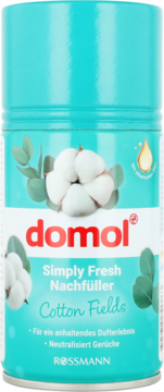 Domol wkład zapachowy Simply Fresh Cotton Fields, turkusowy, z bawełną i liśćmi eukaliptusa, widok z przodu.